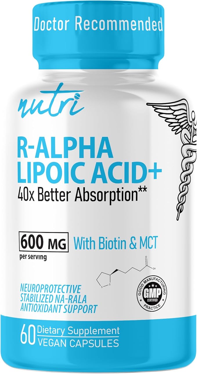 Nutri R Alpha Lipoic Acid 600mg Capsules - R Lipoic Acid Stabilized with Biotin - Active Form of R-ALA - 600 mg Clinical Dosage - Powerful Cellular Energy Support - 60 Vegan Capsules - RALA
