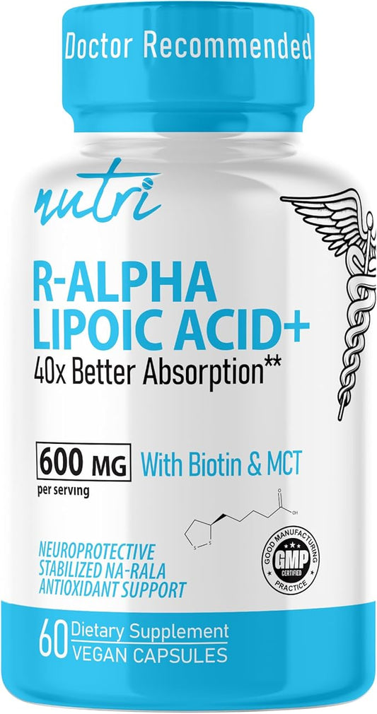 Nutri R Alpha Lipoic Acid 600mg Capsules - R Lipoic Acid Stabilized with Biotin - Active Form of R-ALA - 600 mg Clinical Dosage - Powerful Cellular Energy Support - 60 Vegan Capsules - RALA