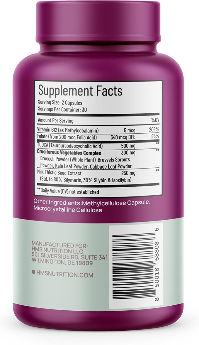 TUDCA Liver Plus+, Liver Support Supplement for Liver Cleanse with Milk Thistle Seed Extract, Vitamin B12, Folate, Tudca Bile Salt Supplement (Tauroursodeoxycholic Acid), 60 Capsules, 1 Month Supply