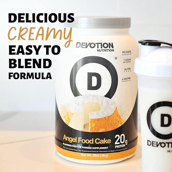 Devotion Nutrition Protein Powder Angel Food Cake – 20g Whey Isolate & Casein Protein Blend – No Added Sugar, Low Carb, Gluten-Free, Keto-Friendly, 1g MCT, Kosher – 2lb Pouch