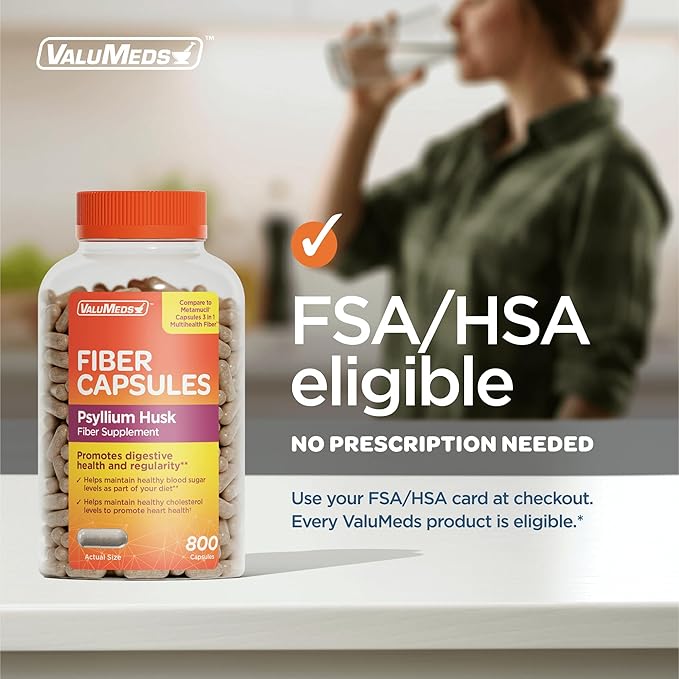 ValuMeds Psyllium Husk Daily Fiber 520mg Capsules Nurtitional Supplement Soluble Dietary Colon Support, Sugar Free for Adults (Men and Women) (800 Count)