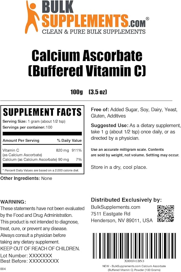 BulkSupplements.com Calcium Ascorbate Powder - Buffered Vitamin C, Calcium Supplement Powder, Vitamin C Supplement - Gluten Free, 1000mg per Serving, 100 Servings, 100g (3.5 oz)