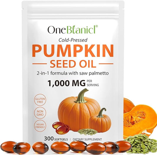 Pumpkin Seed Oil with Saw Palmetto, 2-in-1 Formula 300 Softgels, Cold Pressed, Pure Virgin Oil, Supports Hair, Urinary, Bladder & Prostate Health, Non-GMO