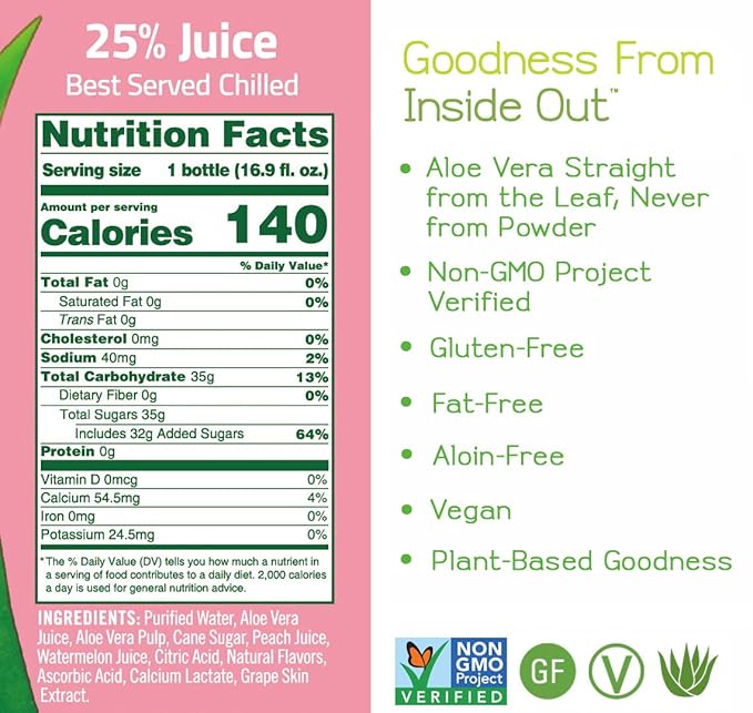 ALO Aloe Vera Juice Drink | COMFORT - Watermelon + Peach | 16.9 fl oz, Pack of 12 |Plant-Based Drink with Real Aloe Pulp