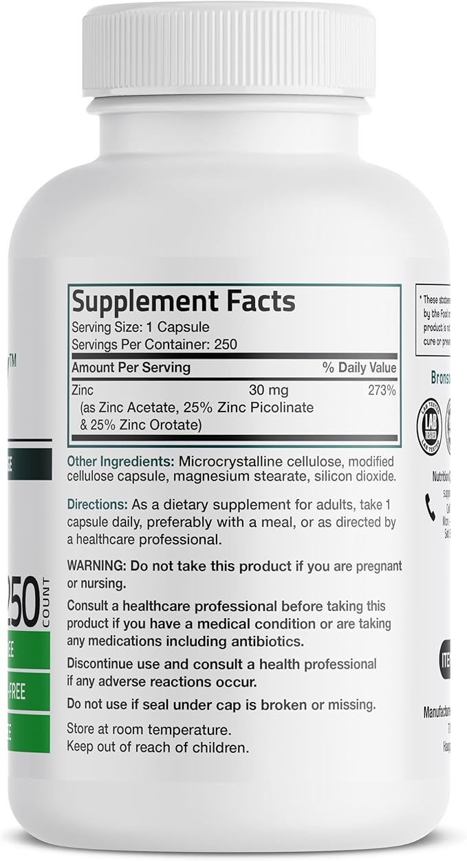Bronson Zinc Triple Play 30mg Triple Coverage Immune Support with Zinc Acetate, Picolinate & Orotate - Immune, Antioxidant & Skin Health Support - 250 Vegetarian Capsules