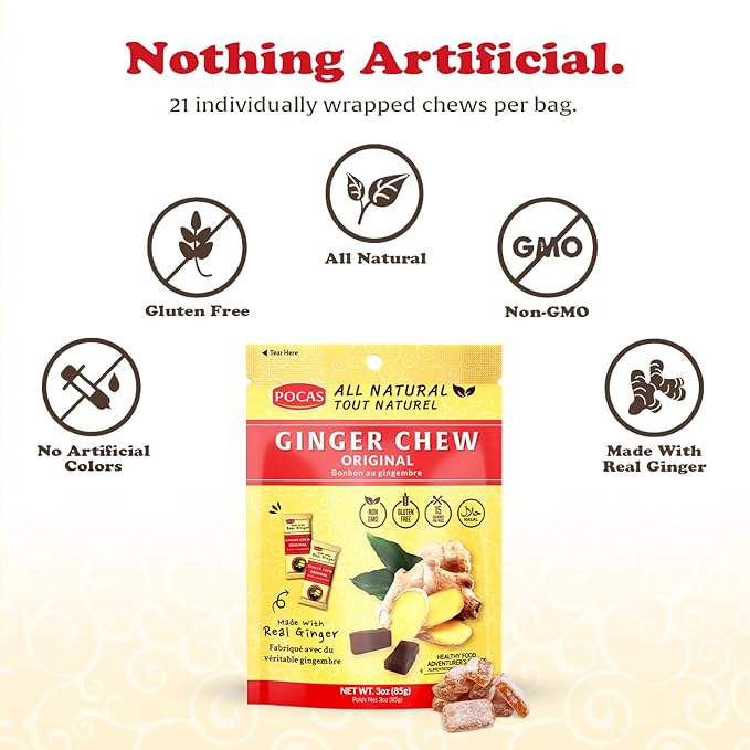 Pocas Original Ginger Chews - Sweet and Zesty Ginger Chew, Individually Wrapped Low-Calorie Snacks, Ginger Candy Made with Pure Cane Sugar, 3 Oz Ea (Pack of 4)