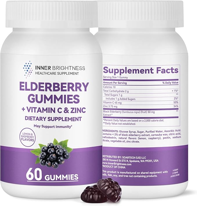 Elderberry Gummies for Adults – 60 Count | Black Elderberry with Vitamin C & Zinc | Immune Support Supplement, Antioxidant Gummies, Non-GMO, Vegan, Gluten-Free, 2-Month Supply