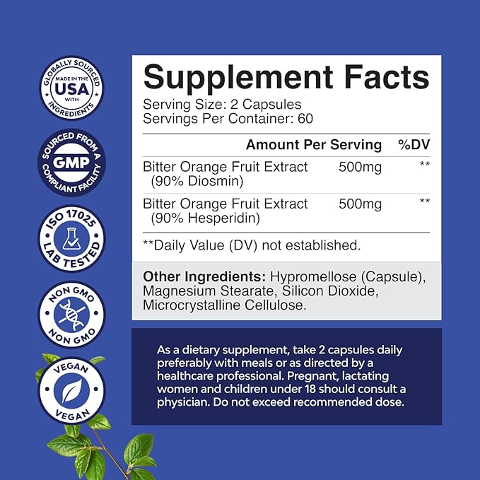 Diosmin Hesperidin 1000mg Complex for Circulation - Hesperidin & Diosmin Complex 1000mg from Bitter Orange for Vein Support - ISO 17025 Lab Tested - Vegan Non-GMO & Gluten Free (2 Month Supply)