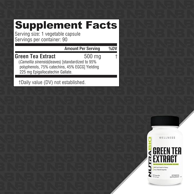 NutraBio Green Tea Extract, Adds Antioxidant Benefits and Helps Overall Health and Well-Being, 500mg - 90 Capsules