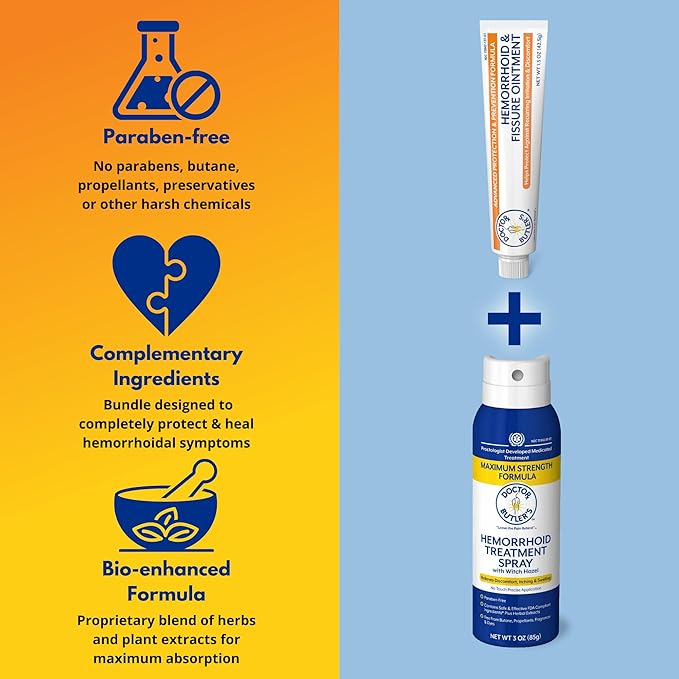 Doctor Butler's Hemorrhoid Treatment Bundle - Includes Advanced Hemorrhoid & Fissure Ointment with Lidocaine for Fast Acting Relief and Hemorrhoid Spray with Witch Hazel for Itch Relief*