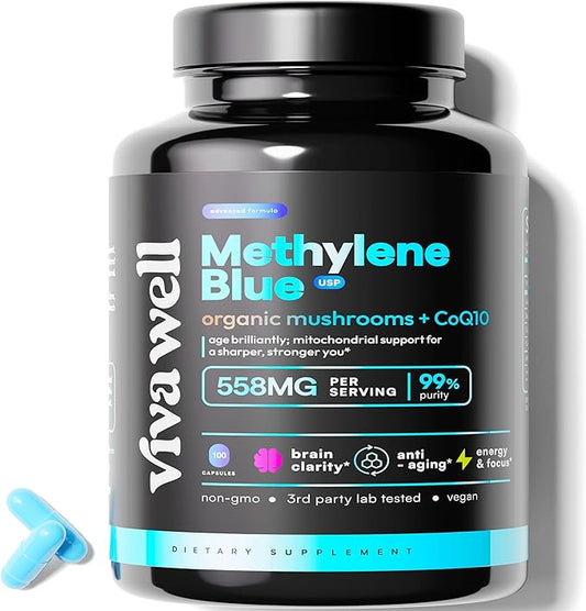 Methylene Blue Pharmaceutical Grade - #1 Upgrade from Drops - USP Grade - Methylene Blue Capsules with Organic Mushrooms & CoQ10 for Humans - Pills for Focus, Clarity, & Energy