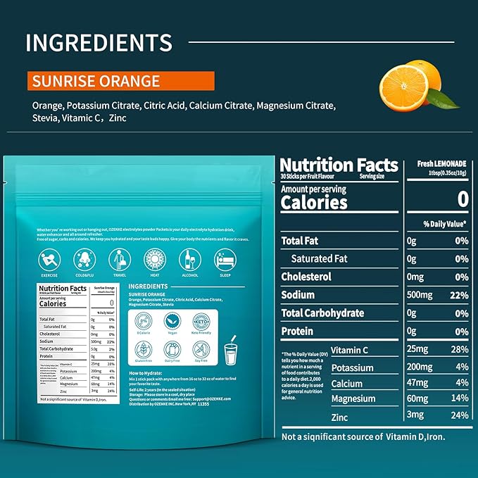 Electrolytes Powder Packets, 30 Sticks Hydration Packets Sugar Free, Electrolyte Drink Mix Portable Electrolyte Packets for Rapid Hydration, 0 Sugar & 0 Calorie, Orange Flavor