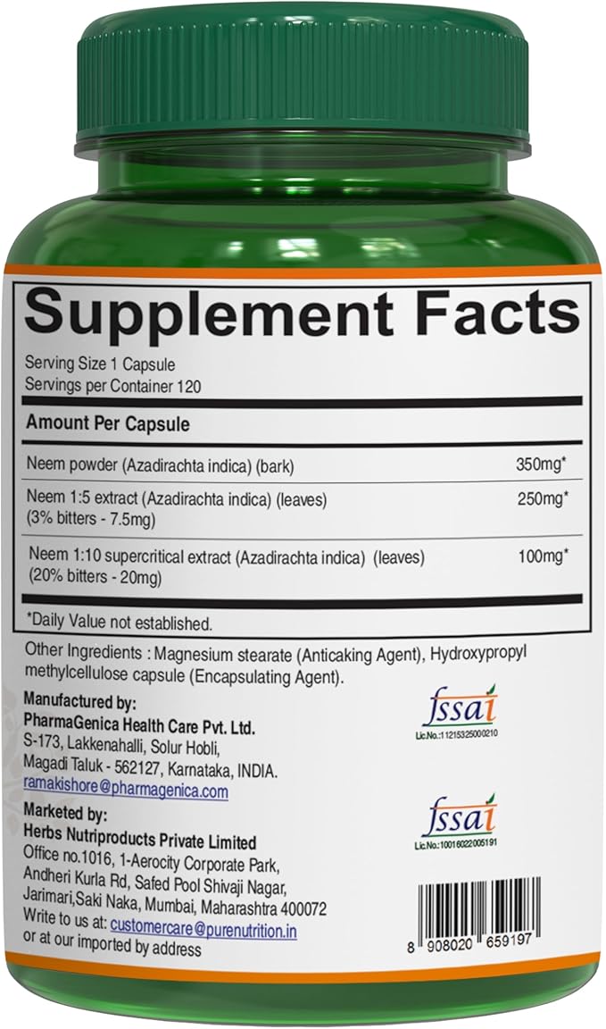 Pure Nutrition Neem Capsules 700mg. (Equivalent to 2600mg Neem Leaf Powder and Bark Powder) Non GMO | Once Daily | 120 Days Supply.