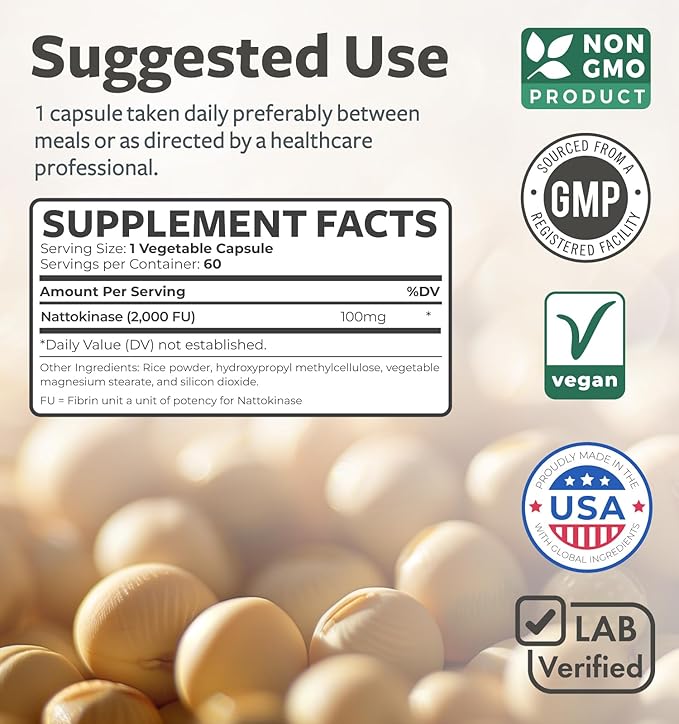 Healths Harmony Nattokinase 2000 FU (Non-GMO) Powerful Nattokinase Supplement Made from Naturally Fermented Soybeans - (2 Month Supply) 60 Vegan Natto Capsules