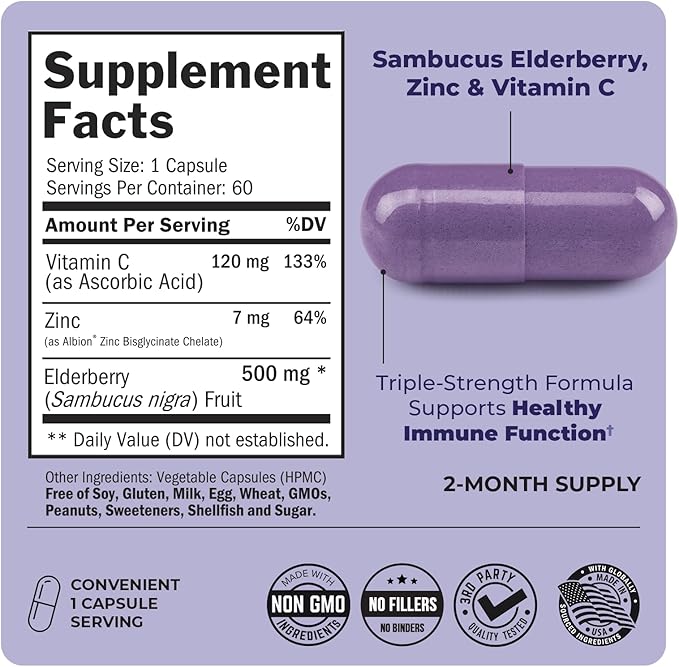Elderberry Capsules with Zinc and Vitamin C for Adults - Immune Support Vitamins for Women and Men - Black Sambucus Elderberry Vitamin C and Zinc - Immune Defense Multiminerals Supplement, 60 Count