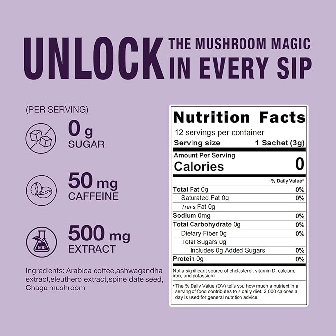 ECO-TASTE Mushroom Coffee Mix, Designed for Balance with Ashwagandha, Eleuthero, Chaga, Spine date seed – 12 Sachets
