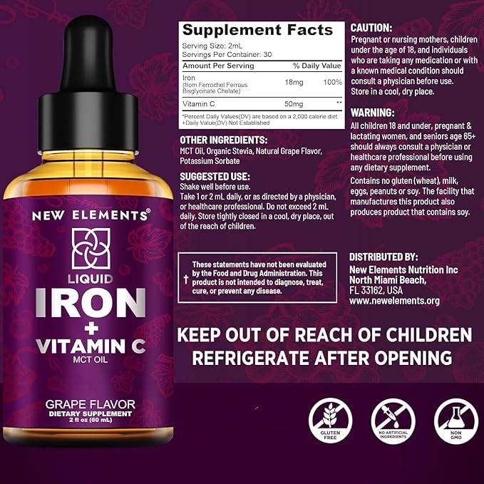 [2 𝐏𝐚𝐜𝐤] Liquid Iron Supplement with Vitamin C – 18mg Iron & 50mg Vitamin C for Anemia Support – Blood Builder Drops for Women & Men – Fast Absorption, Boosts Energy & Immunity – Vegan, Non-GMO