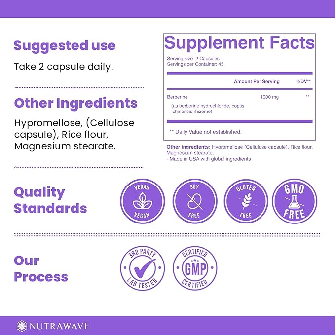 PURE Berberine Maximum Potency - Supports Blood Sugar Levels & Metabolism, 1000mg Per Serving - 2 Capsules - For Adults Seeking Natural Glucose Support - Non-GMO, Vegan - 1 Pack