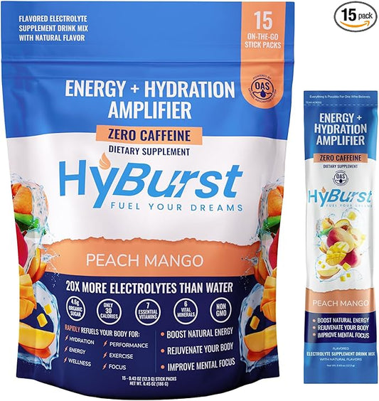 Electrolytes Powder Packets with 13 Essential Nutrients, Improve Energy & Focus, 100mg L-Theanine Nootropics, Non-GMO, Vegan, Gluten Free, Peach Mango Drink Mix, (15 Pack)