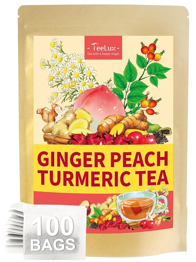 TeeLux Ginger Peach Turmeric Tea Bags, Warm Ginger with Tart Hibiscus & Soothing Chamomile, Tart & Sweet Flavor, Caffeine Free, 100 Count