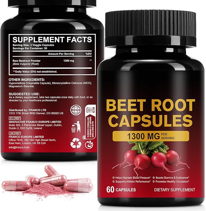 Beetroot Capsules, 100% Pure Natural 1300mg Beetroot Extract Capsules for Helping Maintain Blood Pressure-Non GMO, Veagn Friendly-Support Supplement