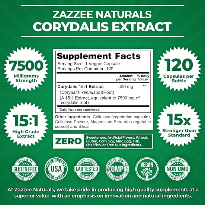 Zazzee Extra Strength Corydalis 15:1 Extract, 7500 mg Strength, 120 Vegan Capsules, Concentrated and Standardized 15X Extract, 100% Vegetarian, Premium Grade, Conolidine, All-Natural and Non-GMO