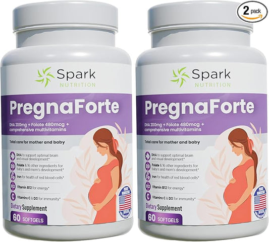 Pregnaforte 1 a day Prenatal vitamins for women 2 month: Folic acid, Fish Oil Omega 3 DHA/EPA, D3, B6, B12, C, E, Calcium, Iron, Magnesium, Zinc supplement FSA HSA eligble multivitamin, Pack of 2