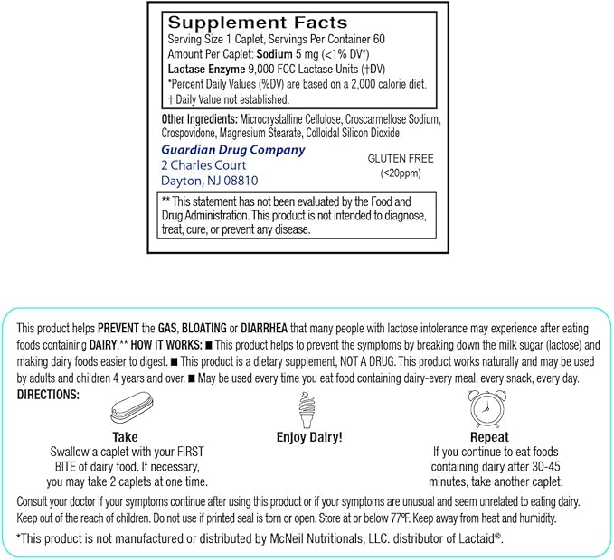 Guardian Dairy Relief Fast Acting Caplets, 9000 FCC, Lactose Intolerance Pills, Lactase Enzyme (360CT (Bottles))