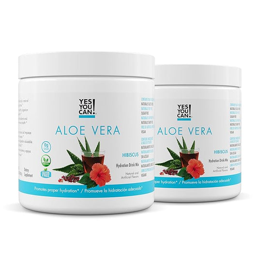 Yes You Can! Organic Aloe Vera Powder Drink Mix - Hydration Booster Infused with Pure Aloe Juice - Delicious Flavors - Made in USA - Antioxidant Rich - Hibiscus Flavor - 40 Servings Per Canister (2 Pack)