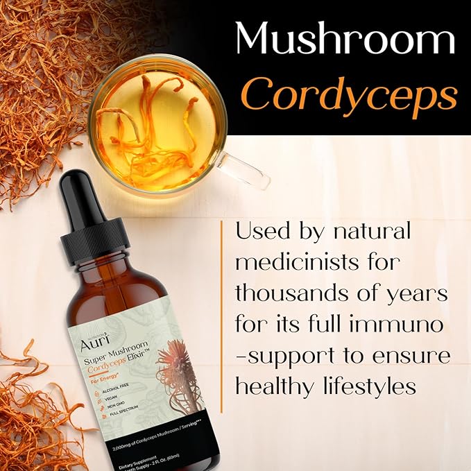 Auri Super Mushroom Cordyceps Elixir for Stamina, Natural Energy, Youthfulness and Longevity with Full Spectrum Support - Cordyceps Tincture 60 ml