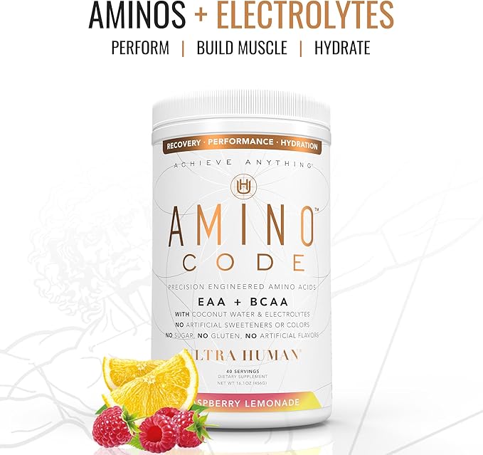 Ultra Human Amino Code | Essential Amino Acids + BCAAs + Coconut Water Electrolytes | Fast Hydration Workout Recovery Amino Energy Powder Drink | Clean Formula, 40 Servings - Raspberry Lemonade