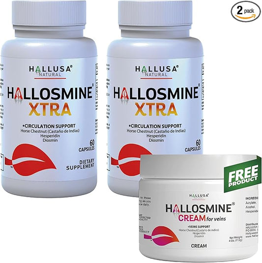 Hallosmine Extra Diosmin + Free Cream for Veins + Aloe Vera, Diosmin 450mg Hesperidin 150mg Horse Chestnut 250mg, Support for Circulation & Veins, Heavy Legs - 02 Bottles - 120 Caps + Cream 4 oz
