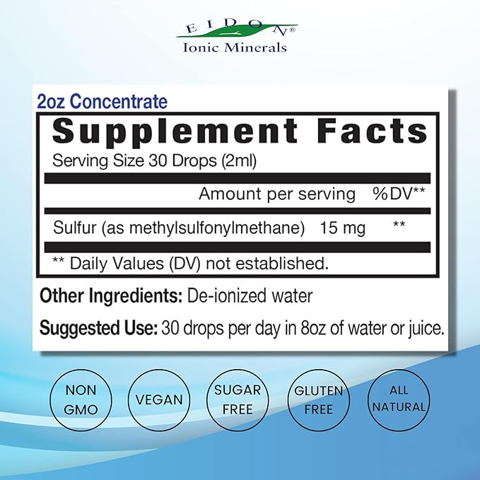 Eidon Ionic Minerals Liquid Sulfur Concentrate - Ionic MSM Sulfur Drops Supplement, Supports Healthy Joints, Smooth Skin, & Glossy Hair, No Preservatives or Additives - 2 Oz Bottle