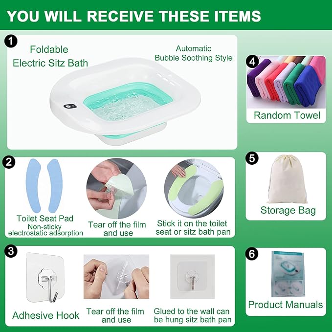 Electric Sitz Bath, Sitz Bath for Hemorrhoids, Sitz Bath for Postpartum Care, Toilet Seat Bowl for Women Men, Sits Bath Soak Tub, Sitz Baths Salts Pan, Butt Bath Basin, Portable, Green