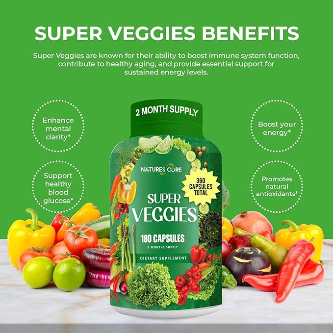 Nature's Core Fruit and Veggie Supplement - 360 Capsules -100% Whole Super Fruit and Super Vegetable Supplements & Vitamin, Made in USA, Soy Free, Vegan- (180 Count Pack of 2)