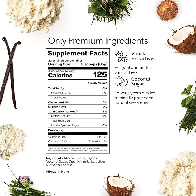 ProMix Nutrition Casein Protein Powder - Grass-Fed, Pasture Raised, Slow Release 25g Micellar Casein - 5.4g BCAAs Gluten Free, Sugar Free, Soy Free - Vanilla, 5lb