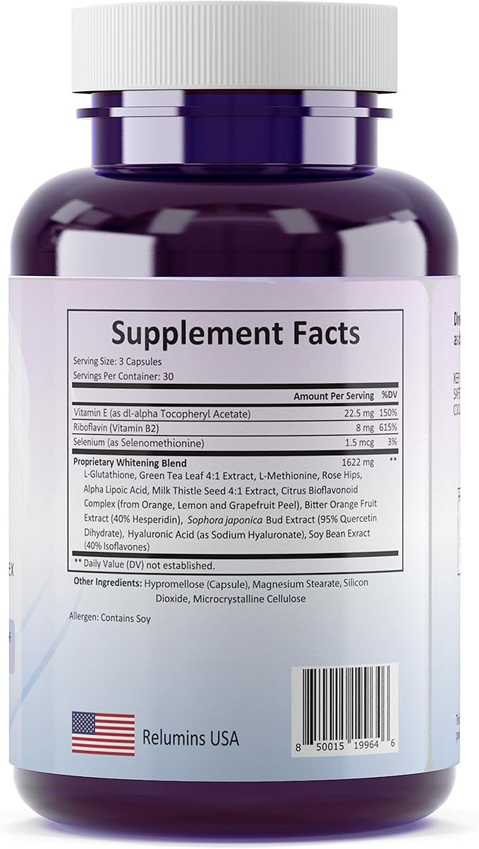 Relumins 1650mg L-Glutathione Complex with Hyaluronic Acid, Alpha Lipoic Acid, Rose HIPS, Vitamin E & Riboflavin – Antioxidant Support, Skin Hydration & Wellness – 90 Veggie Capsules x 5 Bottles