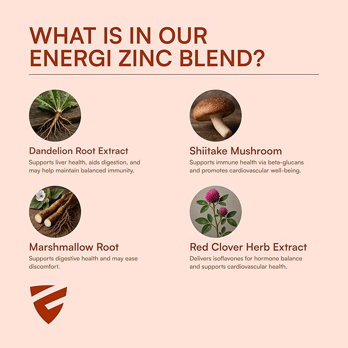 ENERGI Zinc Blend with Vitamin A, B-3 & B-6, Immune Support Supplement with Marshmellow Root, Dandelion Root Extract & Shiitake Mushroom, 90 Zinc Supplements Capsules