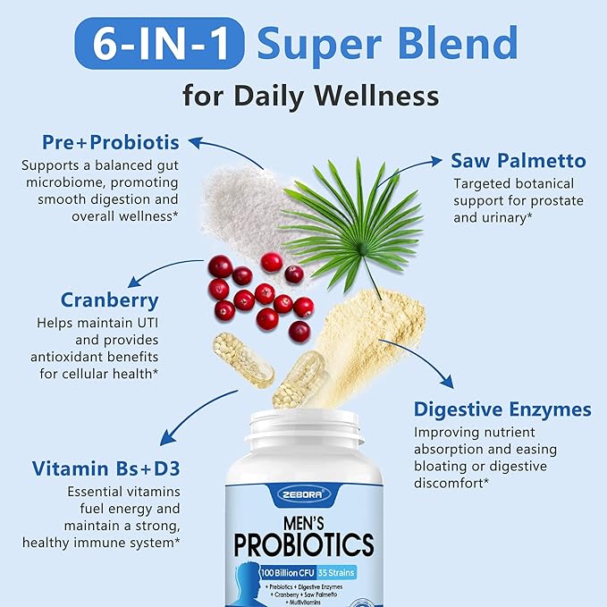 ZEBORA Probiotic for Men - 100 Billion CFU, Men's Probiotics for Gut Health, Prebiotics + Enzymes + Saw Palmetto + Cranberry, Daily Probiotic for Digestive Health, 180 Caps