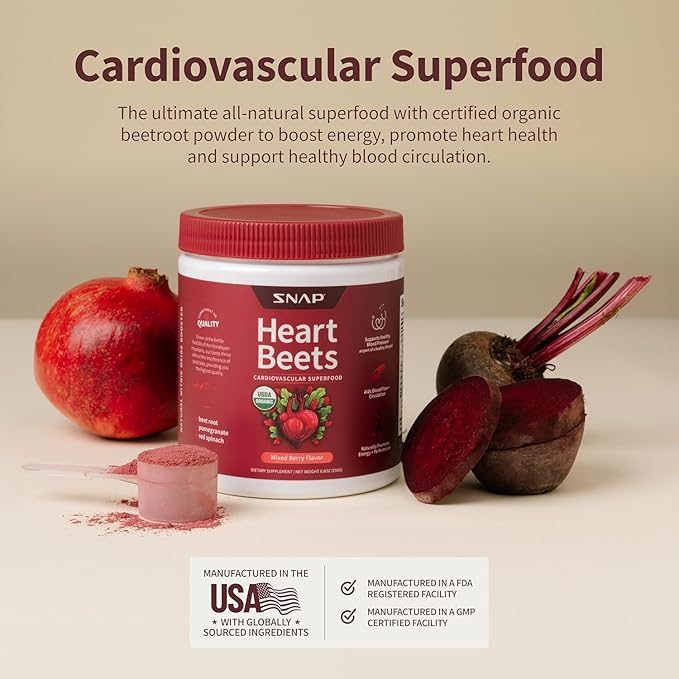 Snap Supplements Heart Beets, Organic Beet Root Powder, Cardiovascular Support Supplement for Men & Women, Beets, Pomegranate, B Vitamins & Red Spinach, Heart Health Support, 30 Servings, Mixed Berry
