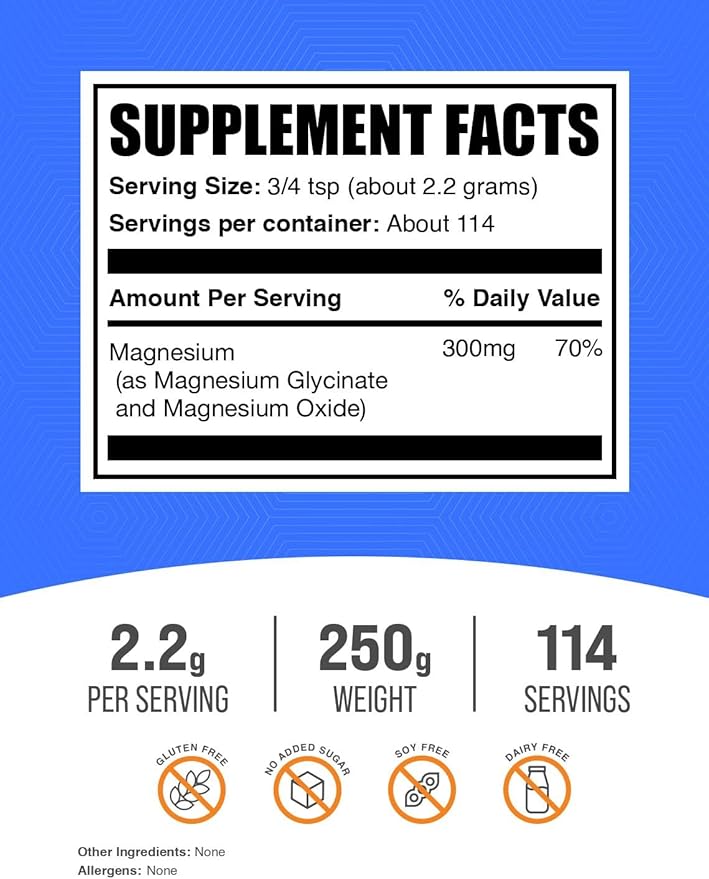 BulkSupplements.com Magnesium Glycinate Powder - Magnesium Glycinate 300mg, Highly Absorbable - Gluten Free, 2.2g per Serving, 250g (8.8 oz) (Pack of 1)