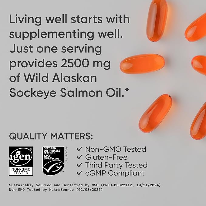 Sports Research® Salmon Oil - Single-Source Wild Alaskan Sockeye | 2500 mg per Serving w/EPA & DHA Fatty Acids | MSC Certified - 180 Count Softgels