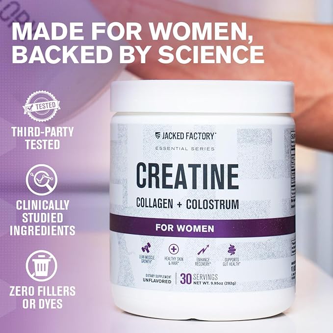 Jacked Factory Creatine for Women - Creatine Monohydrate with Collagen + Colostrum to Support Workout Performance, Lean Muscle Growth, Healthy Hair, Skin, & Nails - 30 Servings, Unflavored