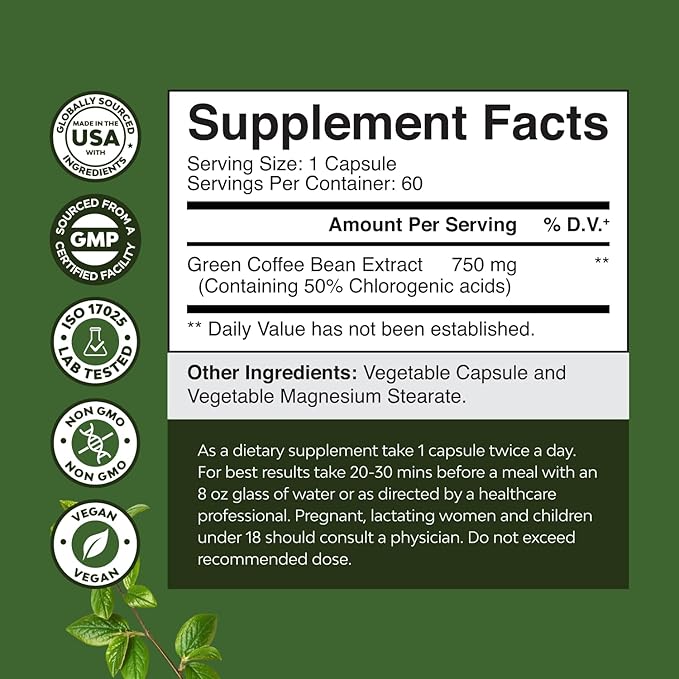 Pure Green Coffee Bean Extract - Super Energizing Green Coffee Extract with 50% Chlorogenic Acid for Antioxidant Heart Health Mental Focus and Size Reduction - Natural Energy Supplement for Adults