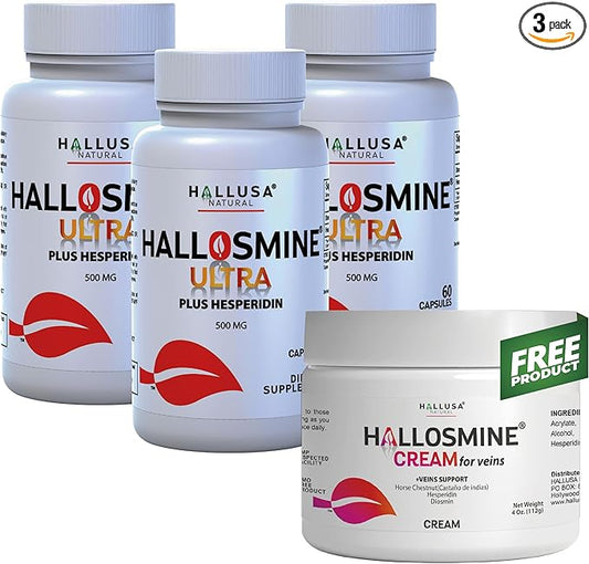 Hallosmine Ultra Diosmin 500mg & Hesperidin 150mg + Free Cream for Veins – Circulation & Vein Wellness – Heavy Legs, Tired Legs, Visible Veins – 180 Capsules (3 Bottles) + 4 oz Cream