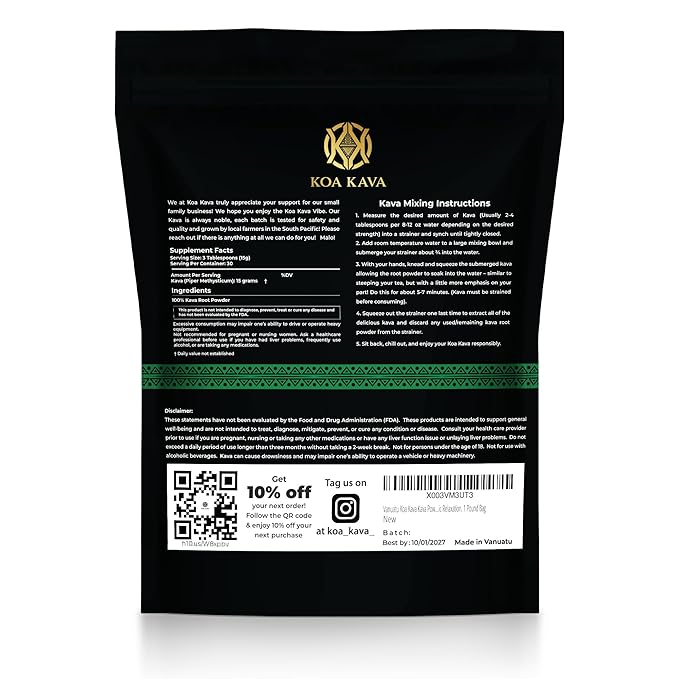 Vanuatu Koa Kava Kava Powder - Premium Noble Waka Kava Tea made from Lateral Roots in Vanuatu for Authentic Relaxation. 1 Pound Bag