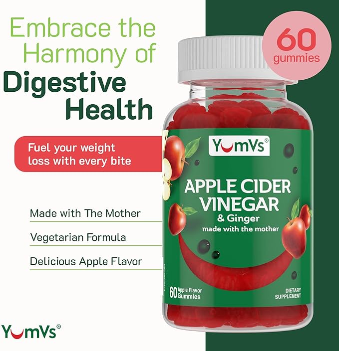 YUM-V'S Apple Cider Vinegar Gummies – ACV Gummies with Ginger & The Mother – Supports Metabolism, Vitality & Daily Wellness – Natural Apple Flavor Vegan, Non-GMO, Gluten-Free, Cider Gummy – 60 Count