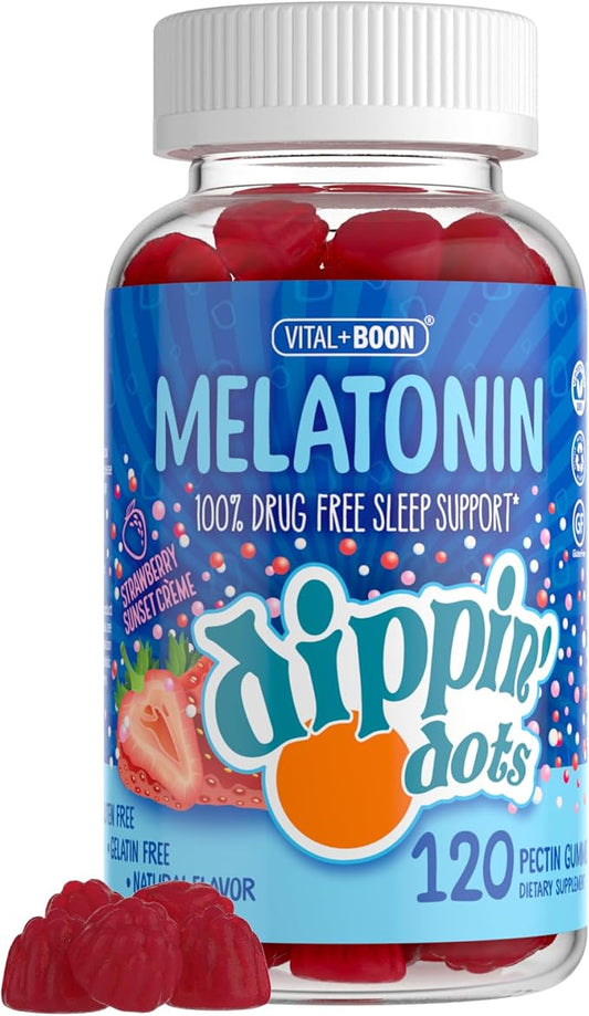 Dippin' Dots - Melatonin Sleep Support Gummies (120 Count) Strawberry Sunset Creme Flavor Chews | 2.5mg Per Gummy Sleep Supplement for Children and Adults | Supplement for faster Faster & Longer Sleep
