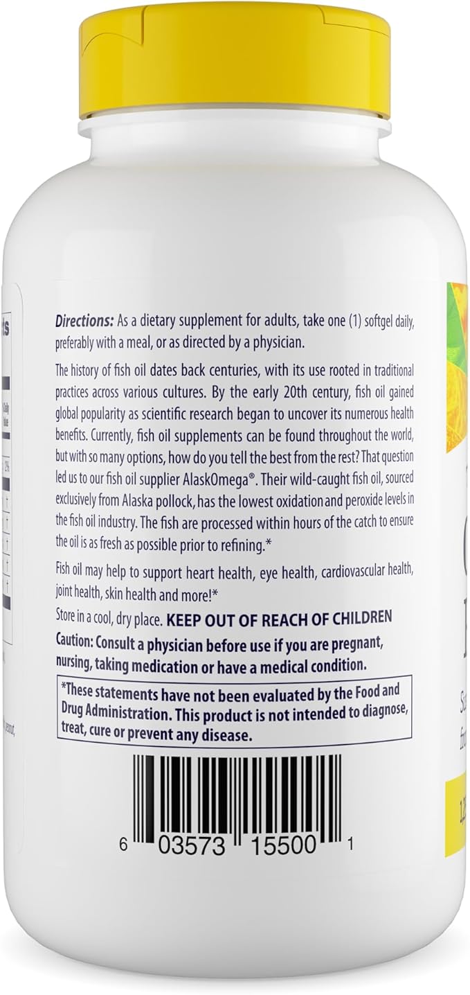 Healthy Origins Triple Strength Omega 3 Fish Oil 1250mg from Wild Alaska Pollock, with DHA, EPA & Omega 3s, Gluten-Free Non-GMO 180 Softgels