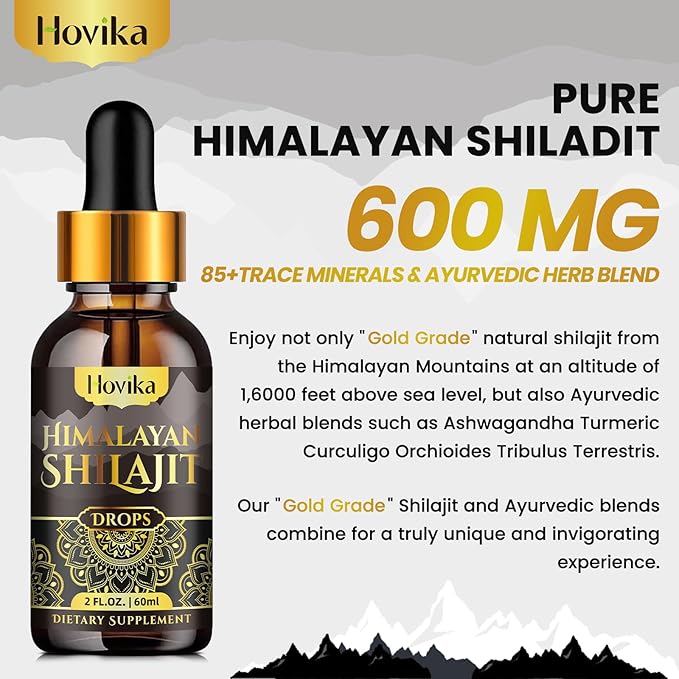Himalayan Shilajit Resin Liquid Drops, Pure Organic Himalayan Shilajit Resin 600mg with Ayurvedic Blend & 85+ Trace Minerals & Fulvic Acid for Brain Booster & Energy Immune Support, 2 Fl Oz